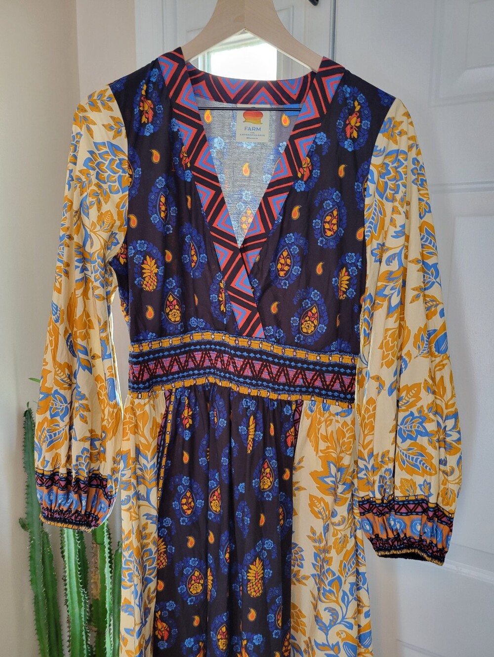 Farm Rio Long-Sleeve 100% Cotton V-Neck Printed Midi Dress, Size Womens Medium - Picture 2 of 9